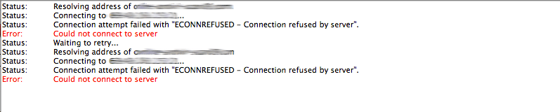 ECONNREFUSED Connection refused by server error FileZilla Log