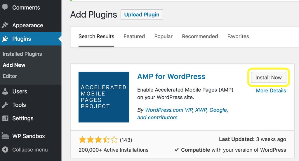 Tìm plugin AMP for WordPress