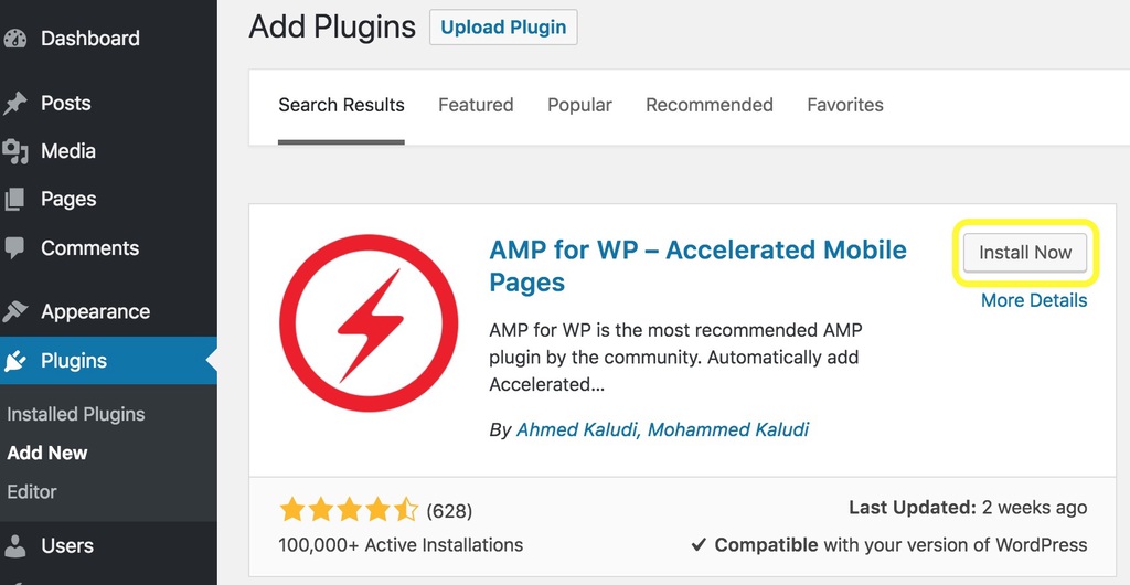 cài đặt WordPress plugin AMP for WP Accelerated Mobile