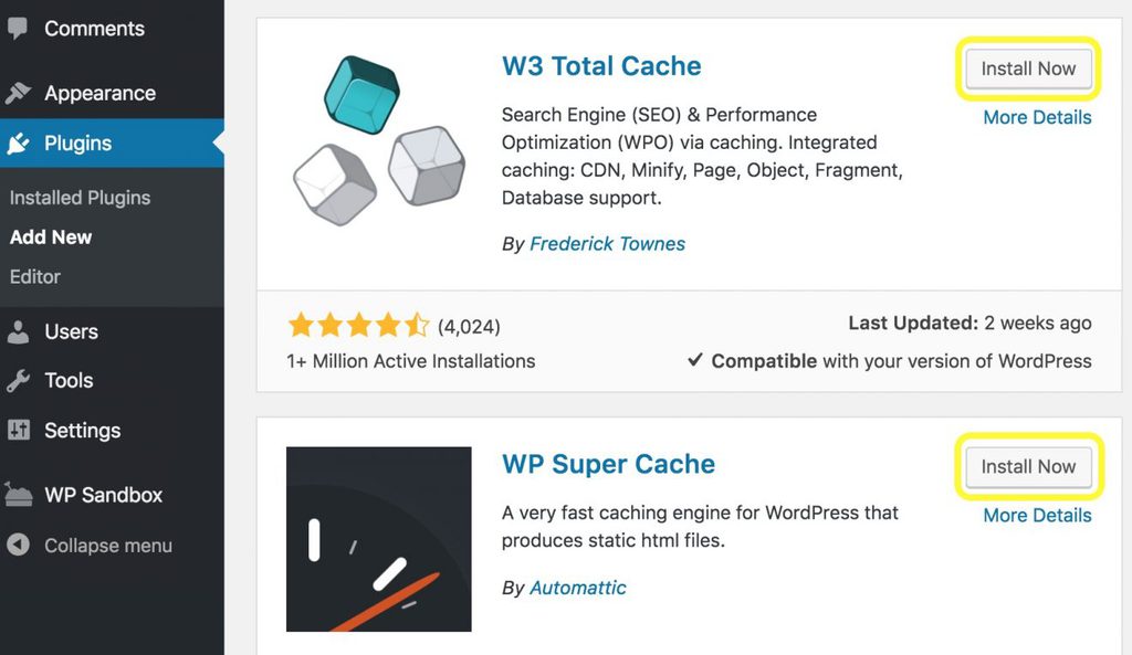 cài đặt plugin wp super cache và w3 total cache