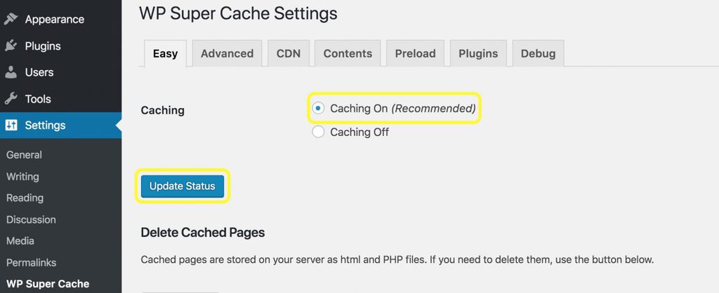 cấu hình wp super cache setting