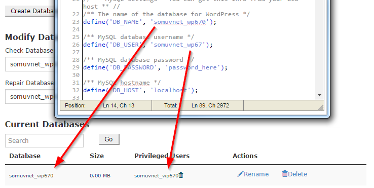 Khớp giá trị giữa file wp-config.php với thông tin thật sự trong màn hình Current Databases .