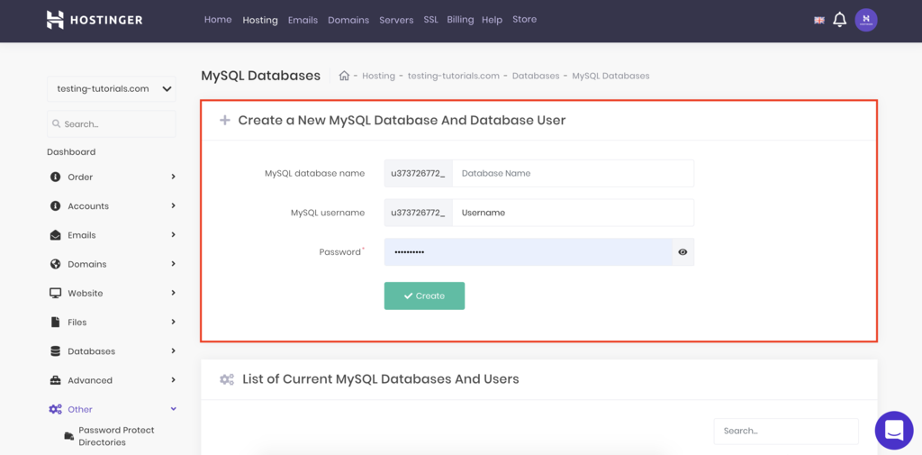 tạo mới MySQL database để sửa lỗi error establishing database connection