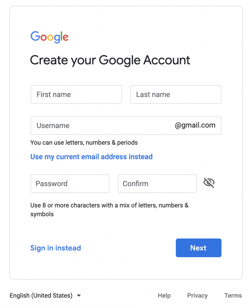 đăng ký tài khoản Google account