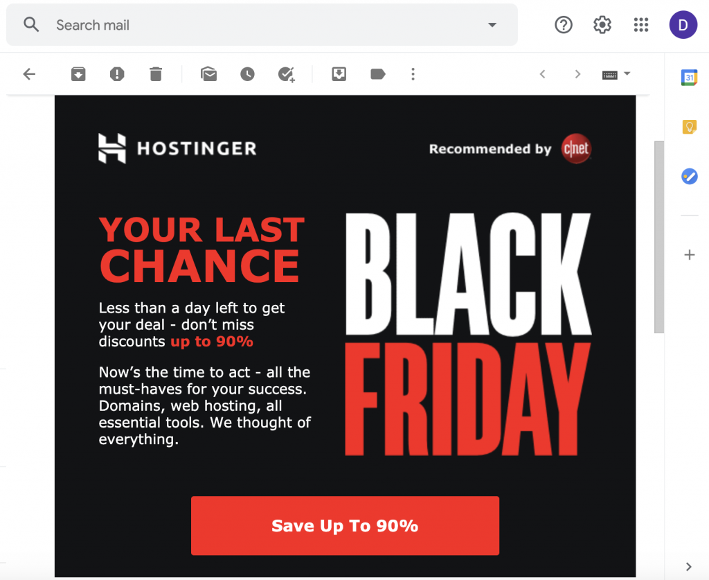 Ví dụ email khuyến mãi black friday của Hostinger
