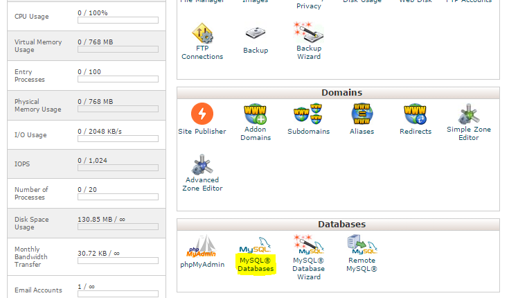 cPanel MySQL Databases đặt trong phần Databases .