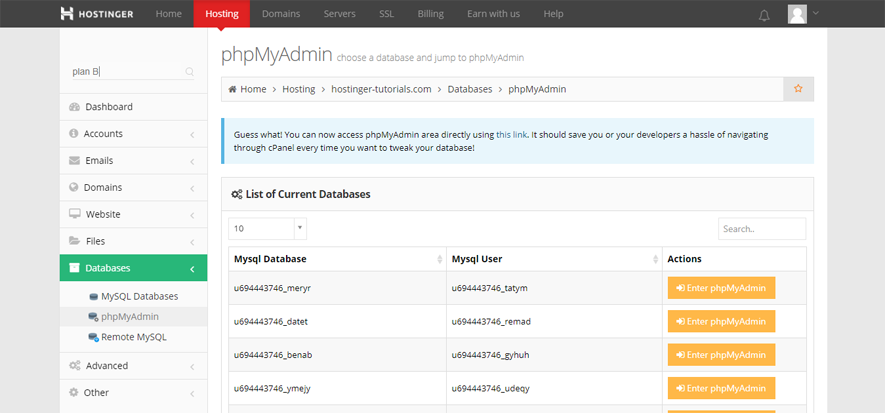 phpMyAdmin list of databases