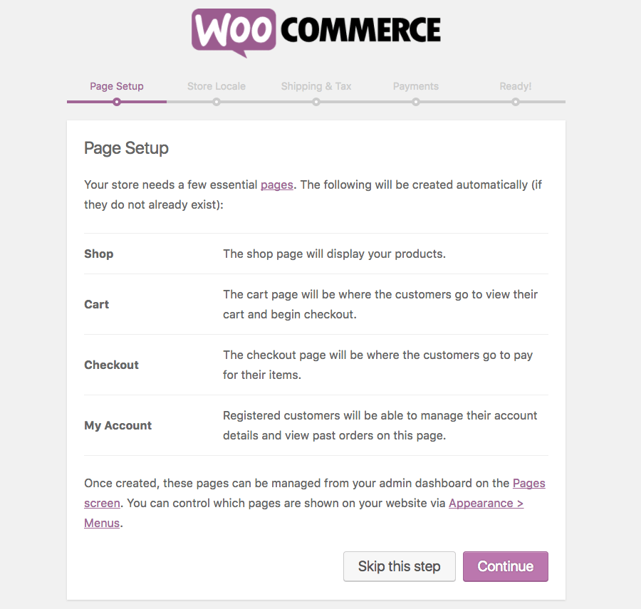 WooCommerce page setup