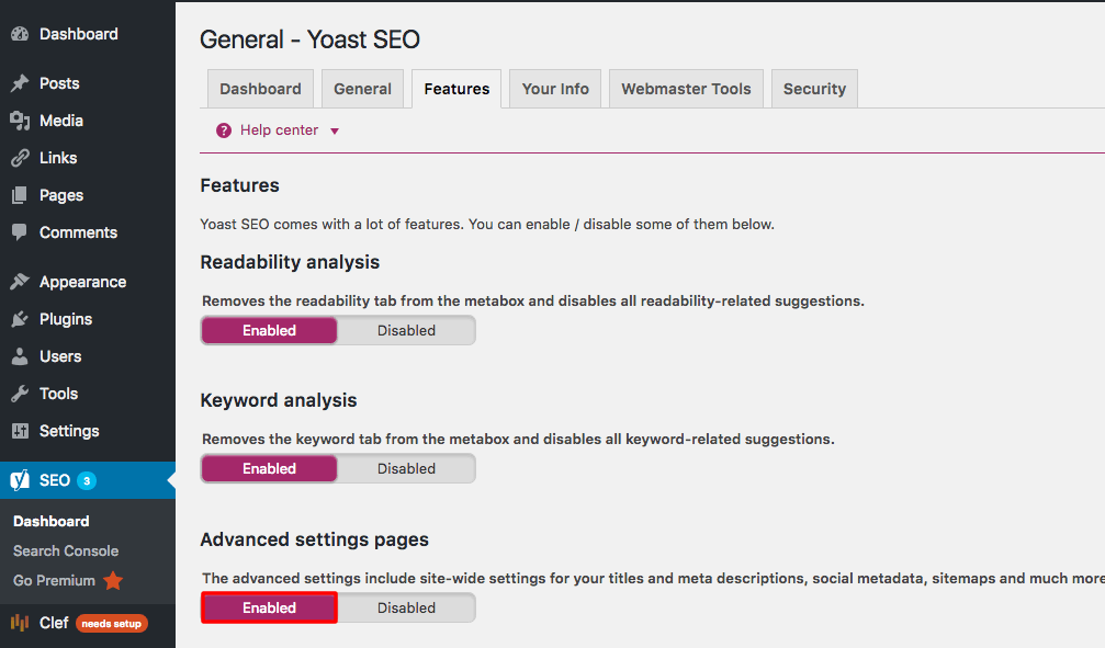 Yoast Advanced Settings Feature